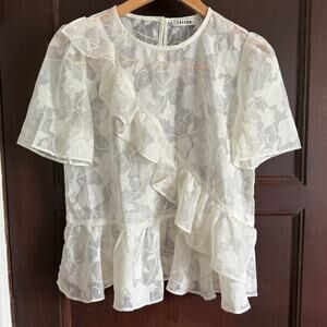 FARROW | White Semi-Sheer Ruffle Detail Floral Boxy Peplum Shirt | Medium